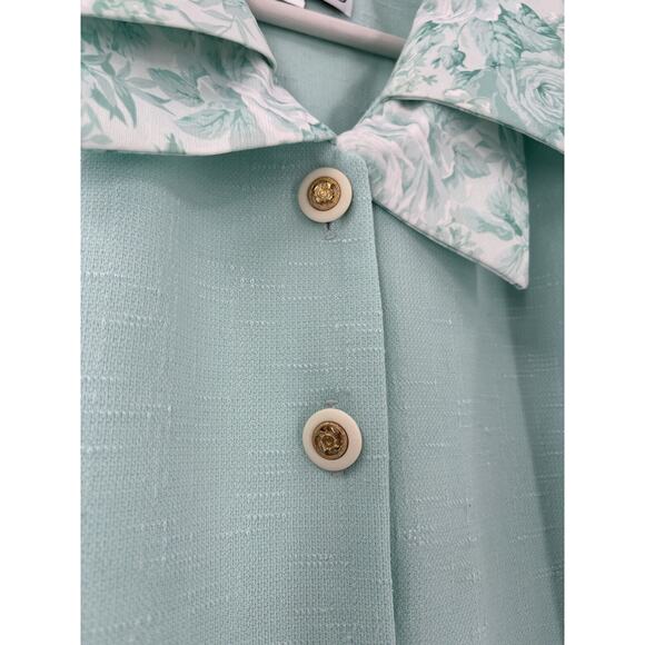 Pablo Collection Vintage Blouse Womens 14 Mint Blue Floral Collar Knit Buttons - Picture 4 of 16